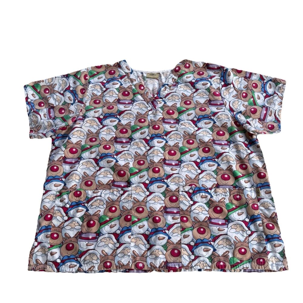 Tafford Scrub Top 2X Christmas Santa Rudolph Snowman Scrub Top Medical PLUS READ